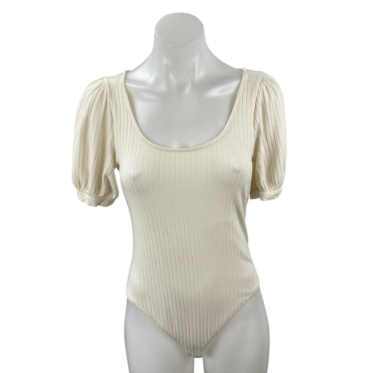 & Other Stories Beige Cream Short Puff Sleeve Scoop Neck Blouse Bodysuit Top M