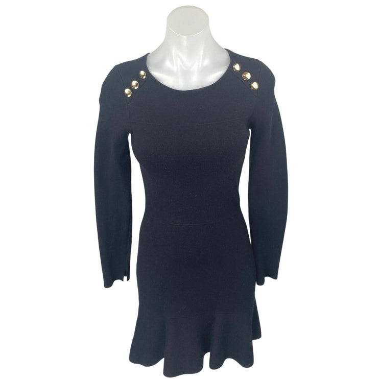 Zara Womens Black Gold Button Long Sleeve Knit Mini A Line Sweater Dress Size S