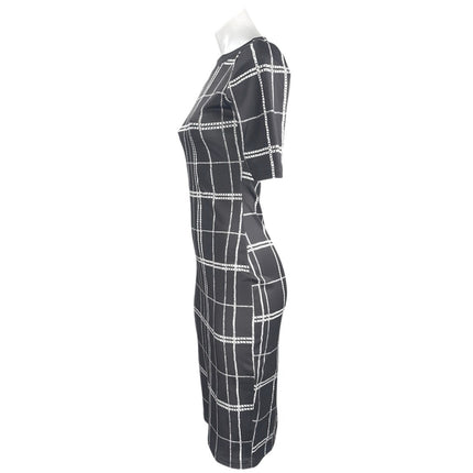 MDS Women's Black Plaid Check Short Sleeve Midi Sheath Pencil Bodycon Dress Sz S