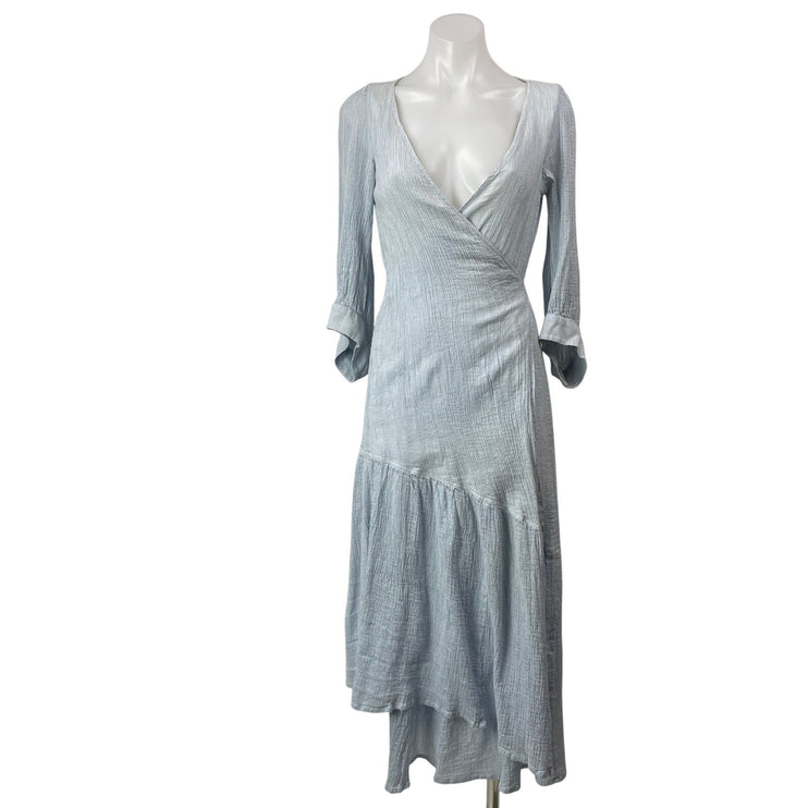Apiece Apart Bougainvillea Light Blue 3/4 Sleeves Pinstriped Wrap Midi Dress 6