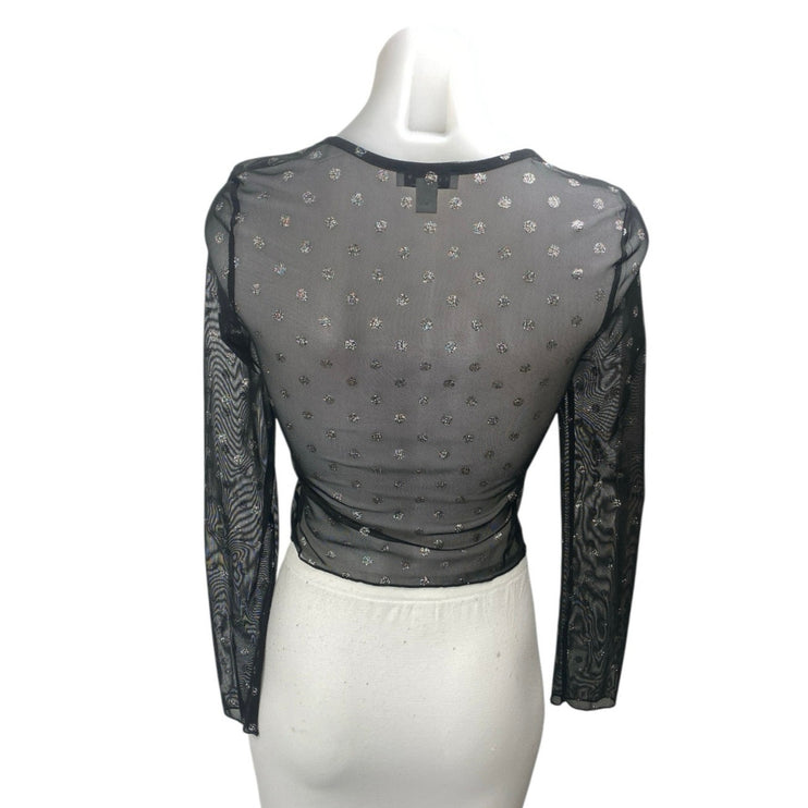 Topshop Black Mesh Glitter Polka Dot Long Sleeve Sheer Crop Cover Up Shirt Top 6