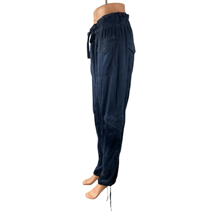 Ganni Blue Washed Twill Satin High Rise Paperbag Cargo Jogger Trousers Pants 42