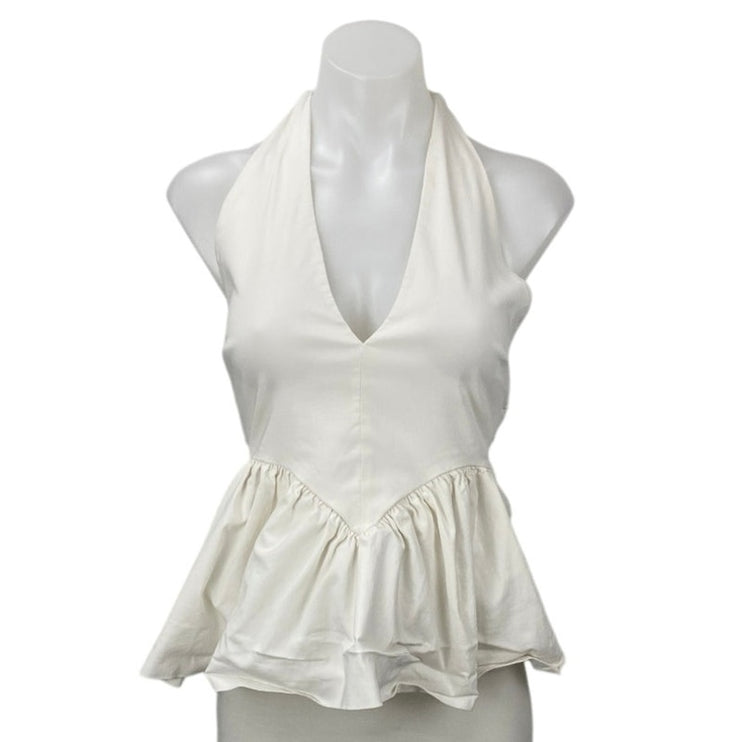 Zara White Halter V Neck Backless Sleeveless Open Back Peplum Blouse Top Size M