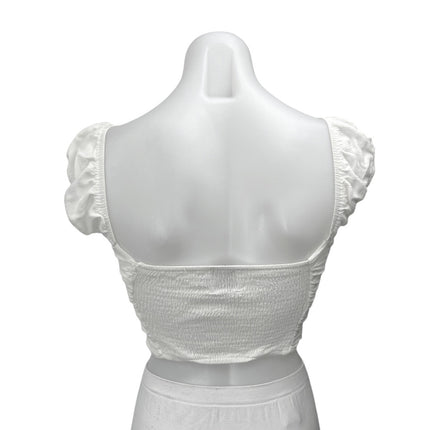 Princess Polly White Short Puff Sleeve Ruched Smocked V Neck Crop Top Size 6