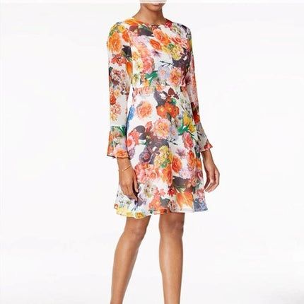 Betsey Johnson Multicolor Floral Print Chiffon Bell Sleeve Sheath Dress Size 4