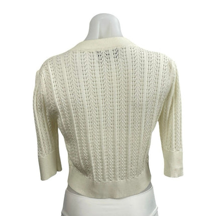 Cider Women's Cream Pointelle Crochet Bow Hald Sleeve Cardigan Sweater Top Sz L