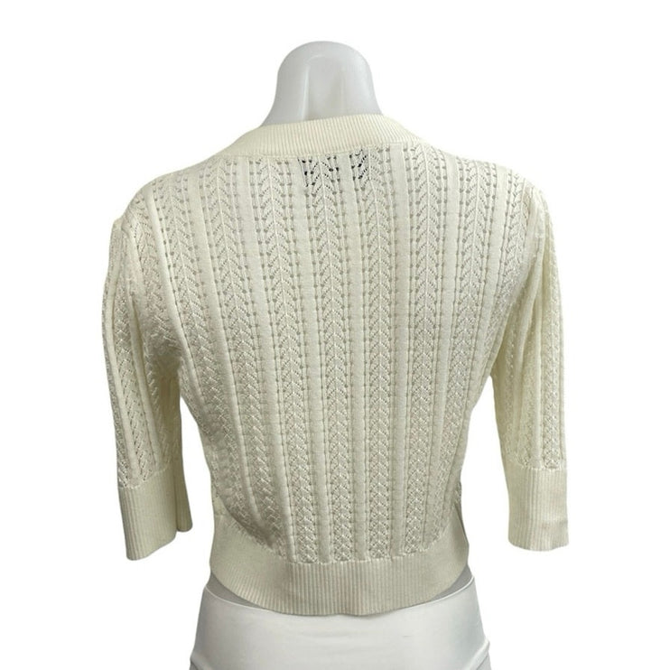 Cider Women's Cream Pointelle Crochet Bow Hald Sleeve Cardigan Sweater Top Sz L
