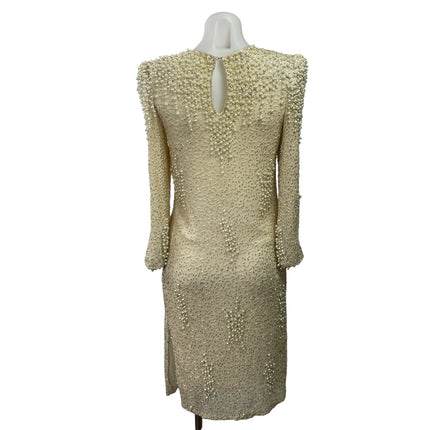 Vintage Judith Ann Creations Cream Silk Beaded Long Sleeve Mini Sheath Dress XS