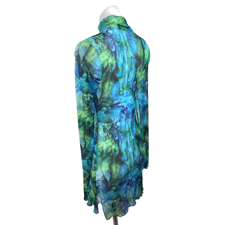 Shein Blue Green Watercolor Paint Abstract Turtleneck Long Sleeve Mini Dress 4