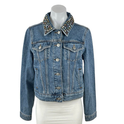 Maje Bianca Blue Embellished Crystal Stud Beaded Button Up Denim Jean Jacket M