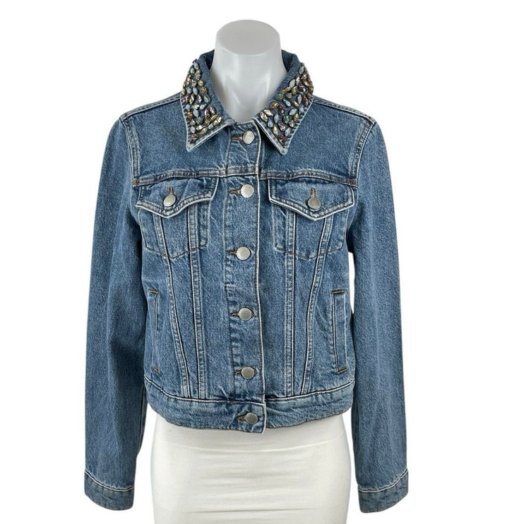 Maje Bianca Blue Embellished Crystal Stud Beaded Button Up Denim Jean Jacket M