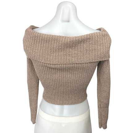 Emory Park Tan Metallic Off Shoulder Ribbed Knit Long Sleeve Crop Sweater Top S