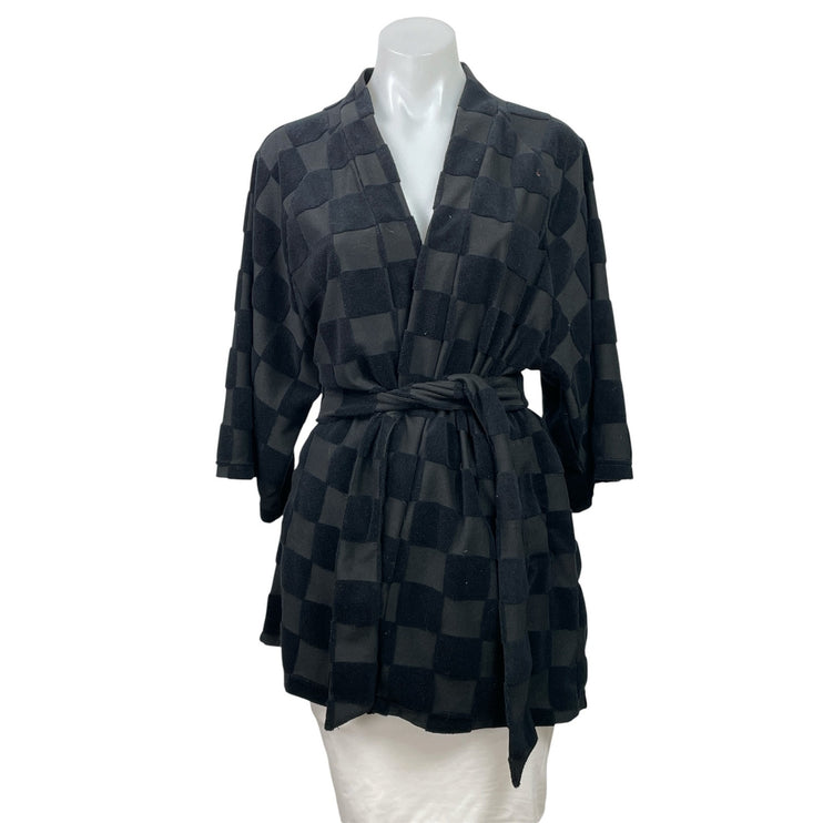 XSET Black Gray Plaid Checkered 3/4 Sleeves Belted Waist Open Front Robe Size S