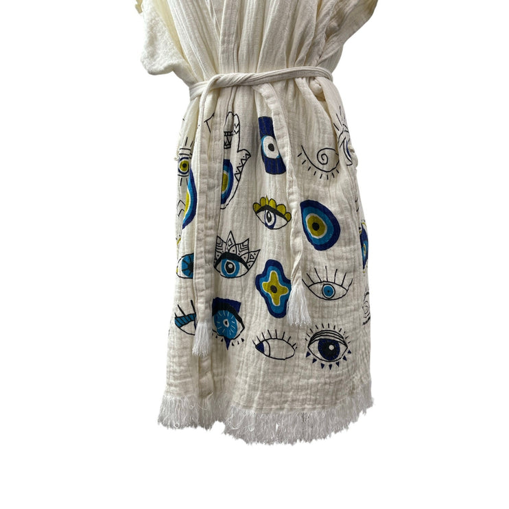 Womens White Evil Eye Short Sleeve Fringed Summer Beach Cover Up Wrap Dress S/M