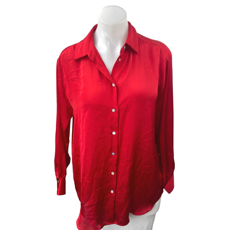 NEW Zara Women's Red Silky Satin Collar Long Sleeve Button Down Shirt Top Size S