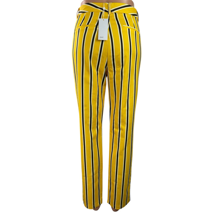 NEW Ovi Women's Yellow Black Striped High Rise Straight Leg Trousers Pants L