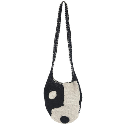 Yin Yang Black & Cream Handmade Crochet Knit Woven Strap Crossbody Shopper Bag