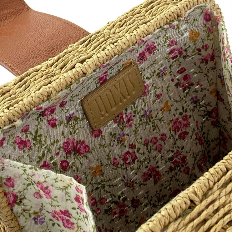Hoxis Tan Floral Lined Straw Woven Rattan Square Crossbody Boho Bag Handbag OS