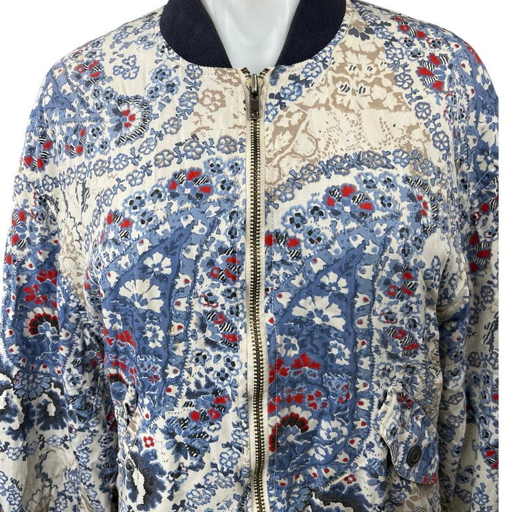 Free People Women's Blue Multicolor Paisley Zip Up Quilted Bomber Coat Jacket S