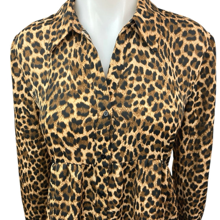 Zara Beige Black Leopard Print Collared Long Sleeve A Line Mini Dress Size XS