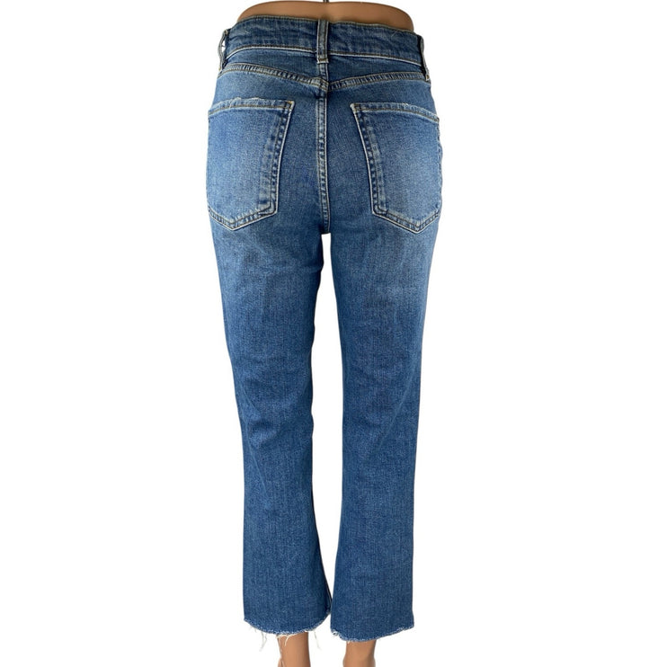 Zara The Dreed Flare Blue High Rise Medium Wash Raw Hem Crop Denim Jeans Size 4