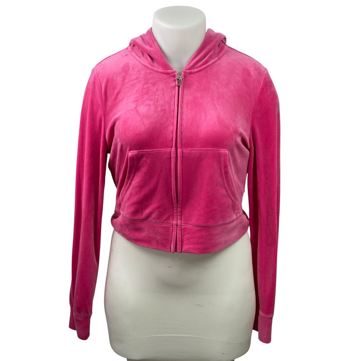 Juicy Couture Pink Velvet Velour Zip Up Long Sleeve Hooded Hoodie Coat Jacket XL