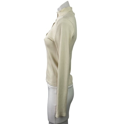 Frank And Oak Cream Ribbed Knit Long Sleeve Henley High Neck Snap Sweater Top S