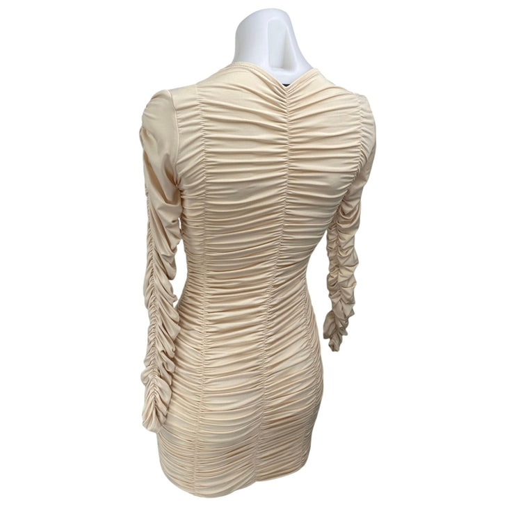 SNDYS Women's Beige Tan Ruched Stretch Long Sleeve Mini Bodycon Dress Size S