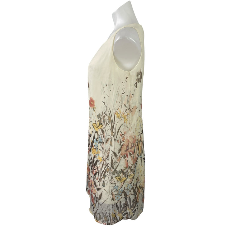 MAX Women's Beige Sleeveless Floral Pleated Crew Neck Mini Shift Dress Size 10