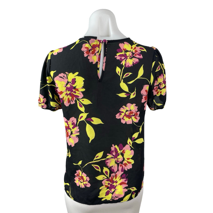 Who What Wear Women's Black Floral Short Sleeve Crew Neck Blouse Top Size XS