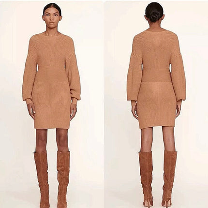 STAUD Marylebone Brown Tan Balloon Long Sleeve Knit Mini Bodycon Sweater Dress M