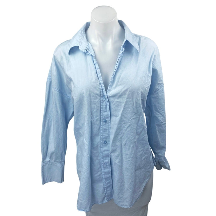 Zara Women's Blue Long Sleeve V Neck Collared Button Down Shirt Top Size L
