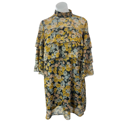 Zara Yellow Floral Ruffled 3/4 Sleeve High Neck Babydoll Mini Shift Dress Size S