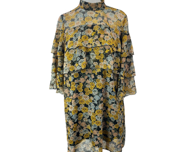 Zara Yellow Floral Ruffled 3/4 Sleeve High Neck Babydoll Mini Shift Dr – Brie
