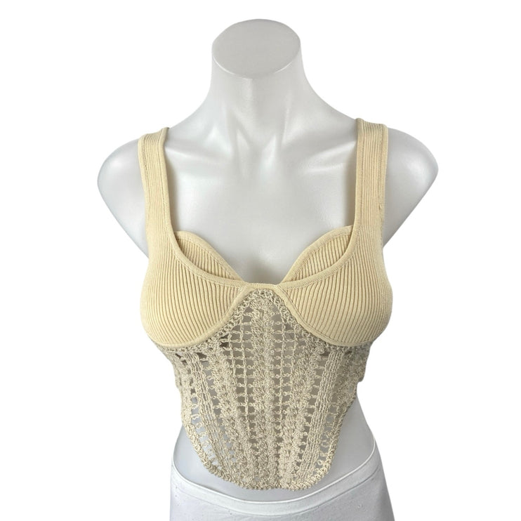 Commense Cream Sleeveless Crochet Rib Knit Cami Corset Bustier Crop Tank Top S