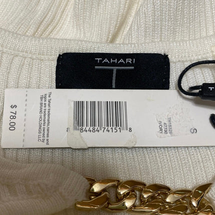 NEW T Tahari Ivory Boat Neck Gold Metal Chain Rib Knit 3/4 Sleeve Cutout Top S