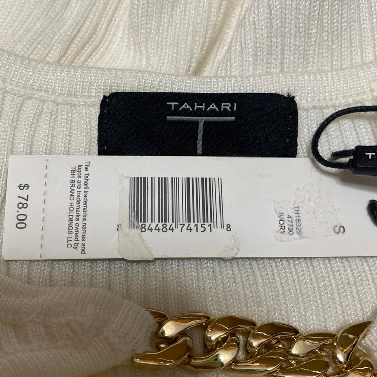 NEW T Tahari Ivory Boat Neck Gold Metal Chain Rib Knit 3/4 Sleeve Cutout Top S