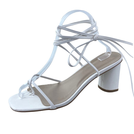 Princess Polly Women's White Lace Up Square Toe Strappy Block Heels Sandals Sz 9