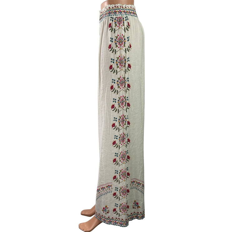 Natural Life Women's White Floral Embroidered Wide Leg Palazzo Trousers Pants M