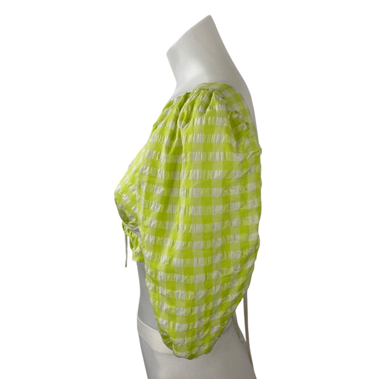 For Love & Lemons Maureen Green Gingham Check Puff Sleeve Crop Top Size XS