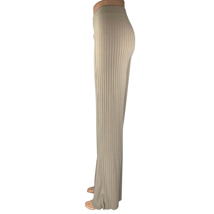 H&M Beige Tan Khaki High Waisted Ribbed Knit Pull On Straight Trousers Pants XL