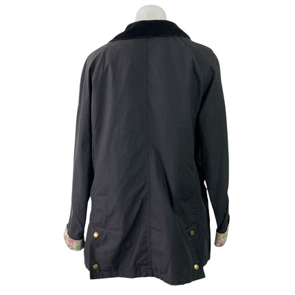 Barbour Beadnell Womens Black Floral Lining Zip Up Collared Waxed Coat Jacket 12