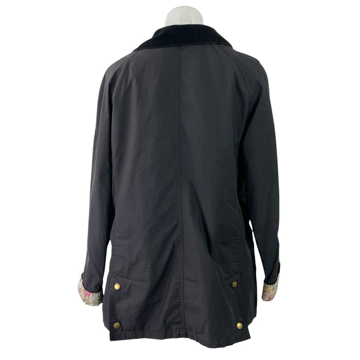 Barbour Beadnell Womens Black Floral Lining Zip Up Collared Waxed Coat Jacket 12