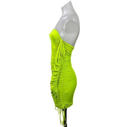 Oh Polly Neon Green Off-shoulder Ruched Tie Long Sleeve Mini Bodycon Dress Sz 4