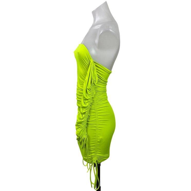 Oh Polly Neon Green Off-shoulder Ruched Tie Long Sleeve Mini Bodycon Dress Sz 4