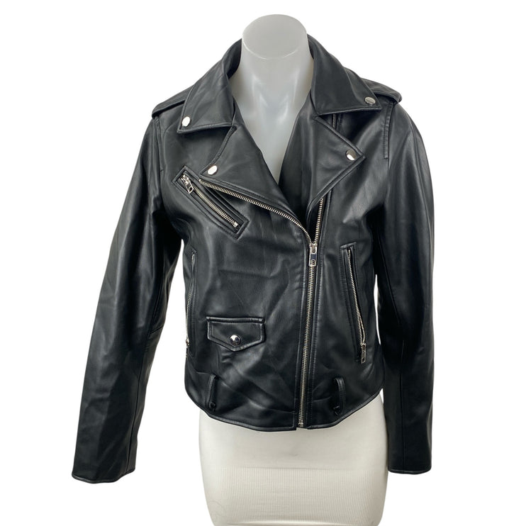 Zara Black Faux Vegan Leather Notch Collar Long Sleeve Moto Biker Coat Jacket M