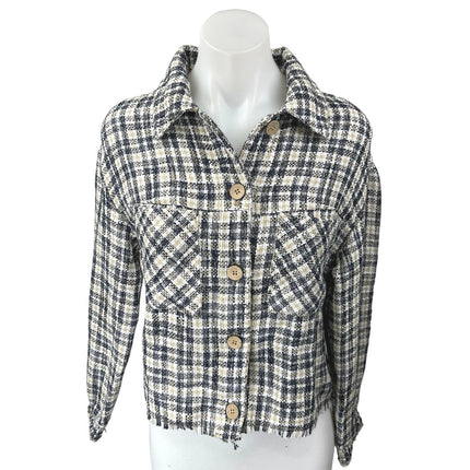 Zara Black Tweed Plaid Checkered Frayed Button Up Crop Shirt Jacket Top Size S