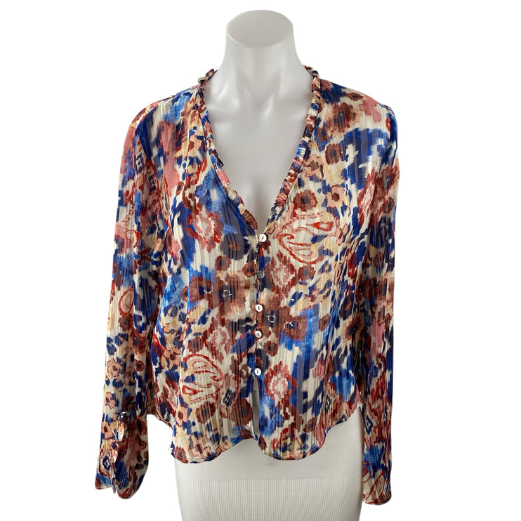 ZARA Women's Multicolor Floral Long Sleeve V Neck Button Down Shirt Blouse Top M