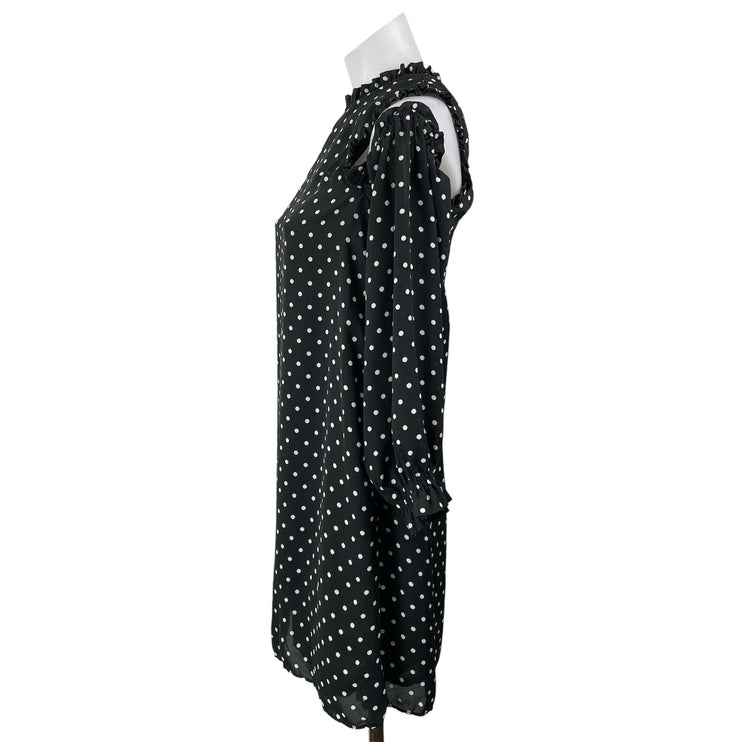 Zara Black Polka Dots Ruffle Long Sleeve Cold Shoulder Mini Shift Dress Size M