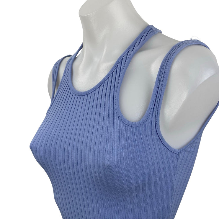 Zara Women's Blue Ribbed Cut Out High Neck Sleeveless Cami Tank Bodysuit Top S